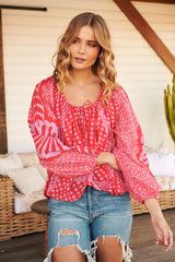 Elena Printed Top- Red - Free People