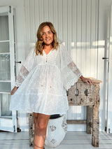 Adela Midi Dress - White Lace Embroidered