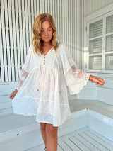 Adela Midi Dress - White Lace Embroidered