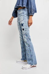 Delphine Embroidered Flare - Light Worn Indigo