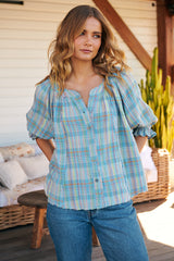 Lucy Swing Plaid Tee- Light Blue ~ Free People