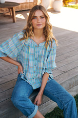 Lucy Swing Plaid Tee- Light Blue ~ Free People