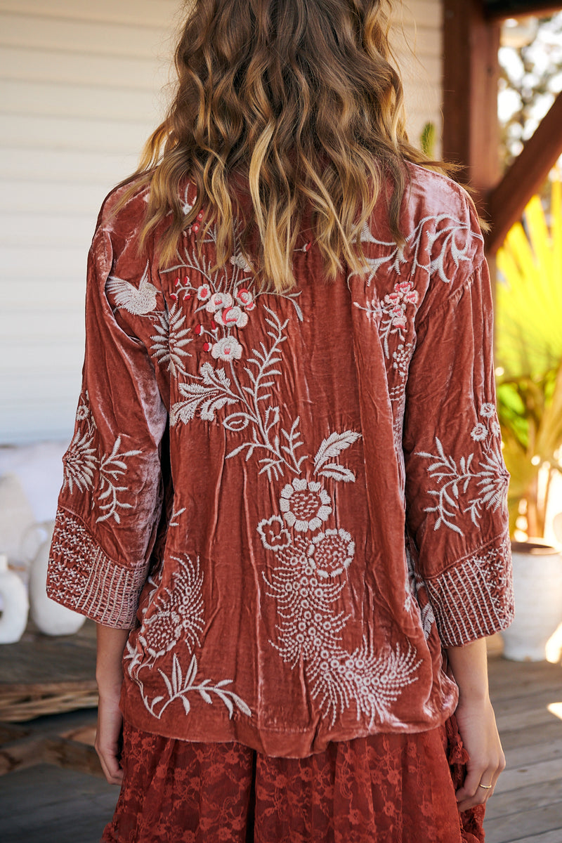 Valentina Cropped Velvet Kimono- Burnt Sienna ~ Johnny Was