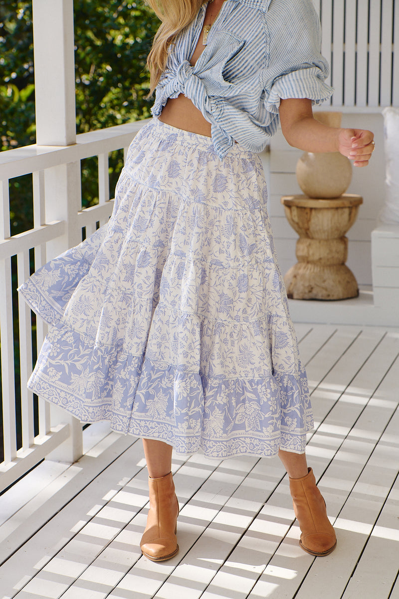 In Full Swing Printed Midi Skirt- Blue Heron ~ Free People