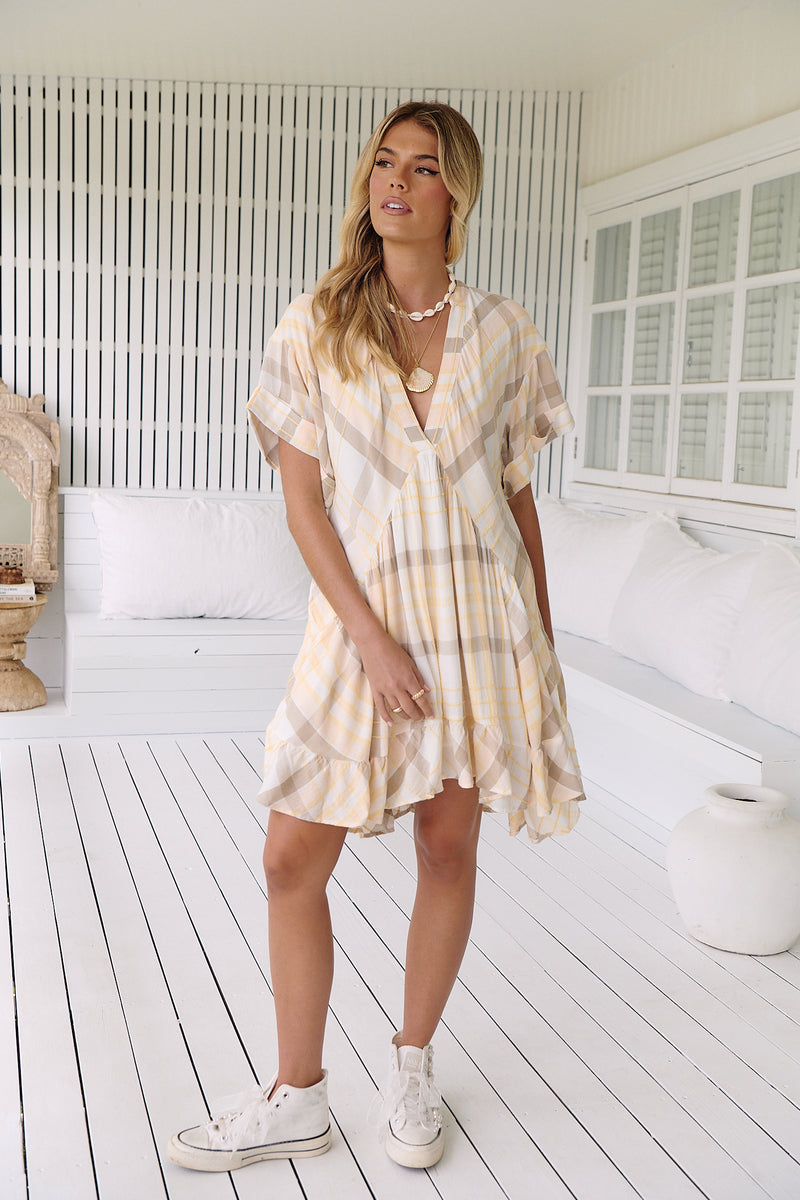 free people agnes plaid mini dress New Free People Agnes Plaid Mini Tunic Dress Short Sleeve Neutral Combo