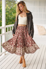 In Full Swing Printed Midi Skirt- Chocolate ~ Free People