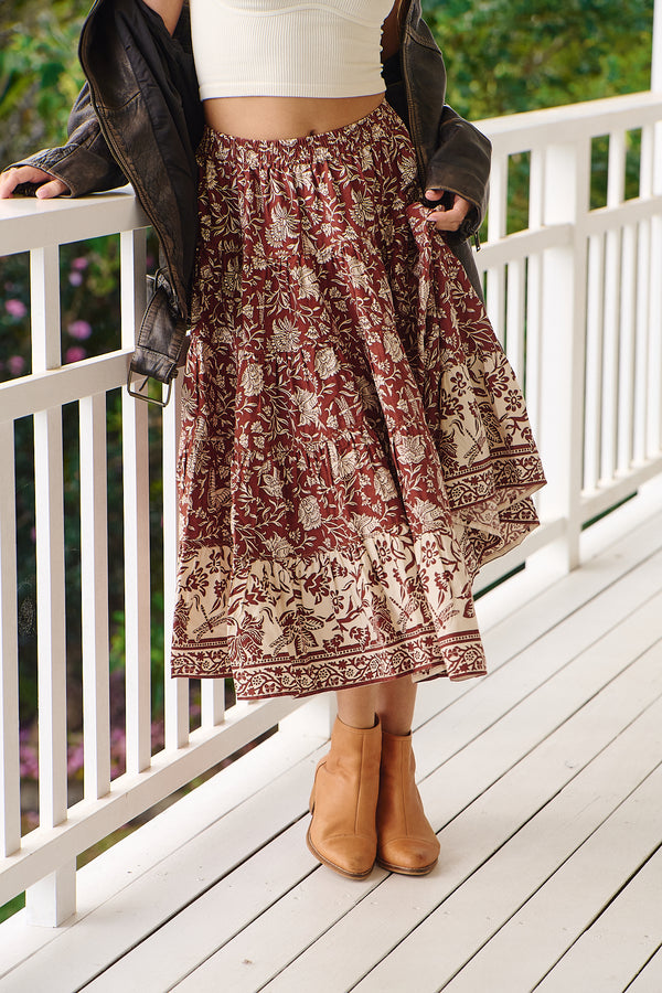 In Full Swing Printed Midi Skirt- Chocolate ~ Free People