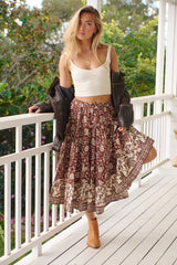 In Full Swing Printed Midi Skirt- Chocolate ~ Free People