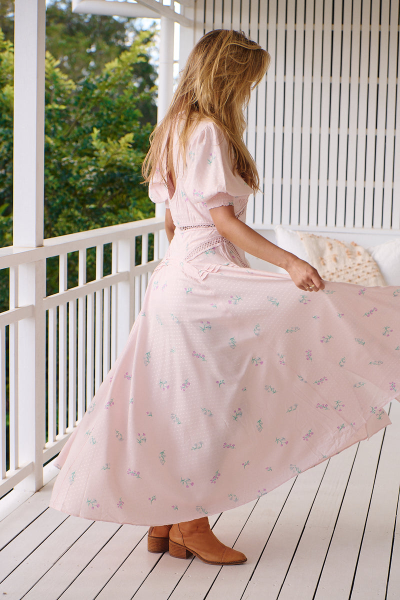 pink combo dress Pink Combo Floral Maxi Dress With RIbbon Tie