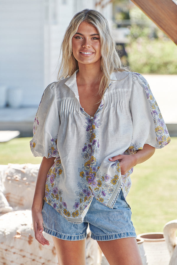 BIRDIE BLOUSE - White Daylilies