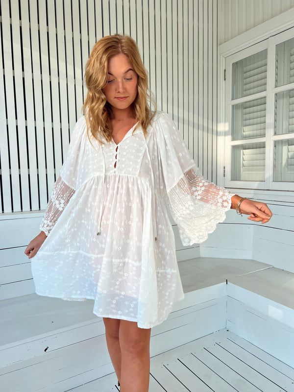 Adela Midi Dress -  White Lace Embroidered