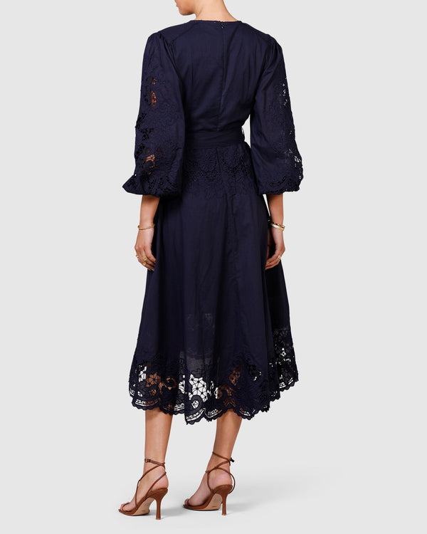 Renaissance Embroidery Midi Dress - French Navy