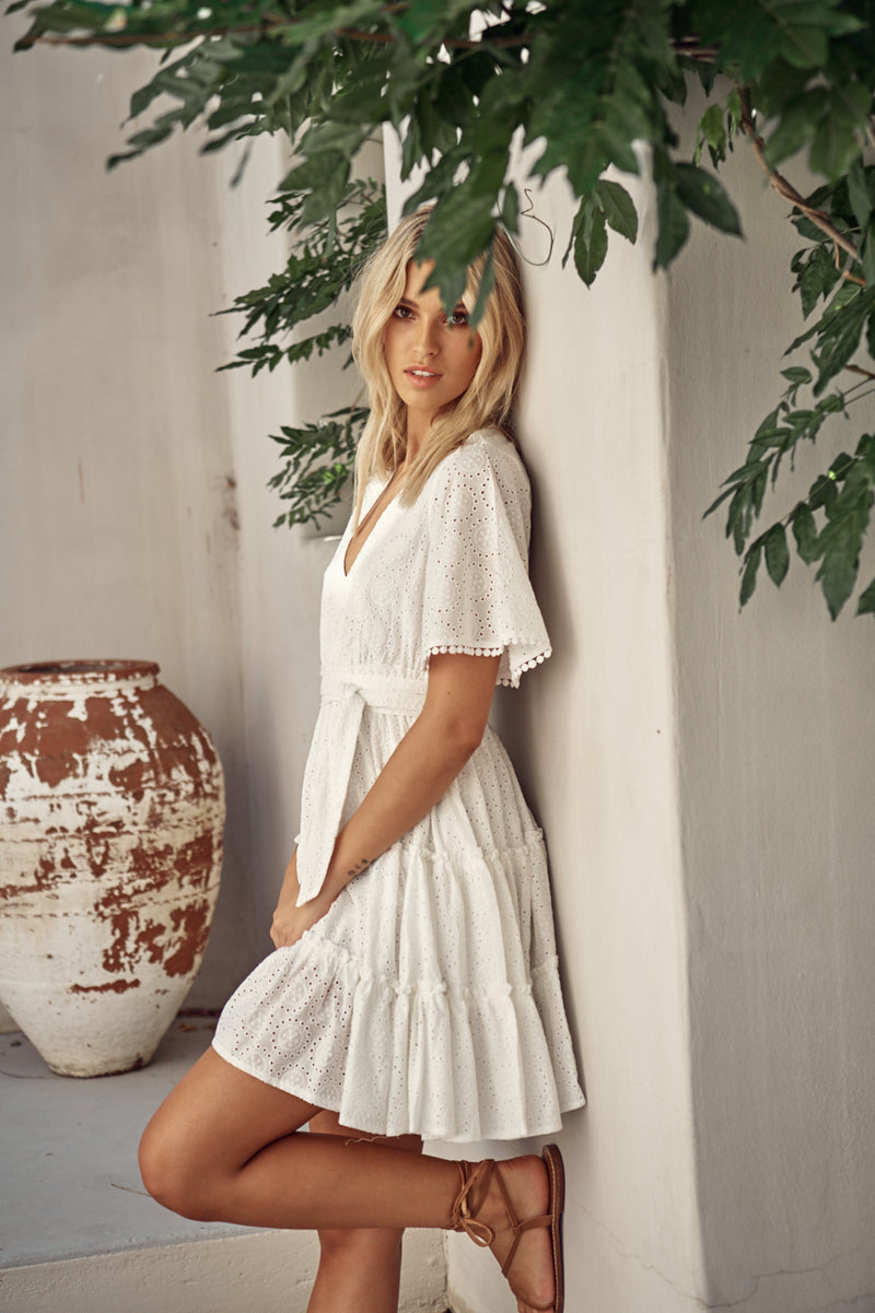 Daya Short Sleeve Dress - Jasmine White Anglaise
