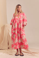 Boheme Linen Midi Dress - HAWAII ROSE