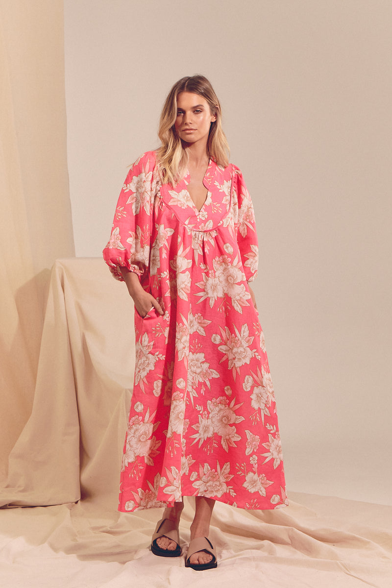Boheme Linen Midi Dress - HAWAII ROSE