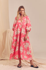 Boheme Linen Midi Dress - HAWAII ROSE
