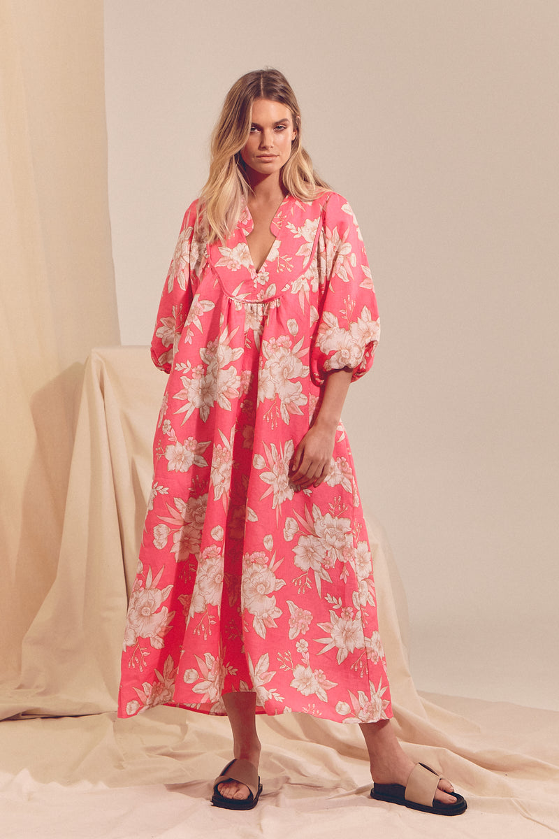 Boheme Linen Midi Dress - HAWAII ROSE