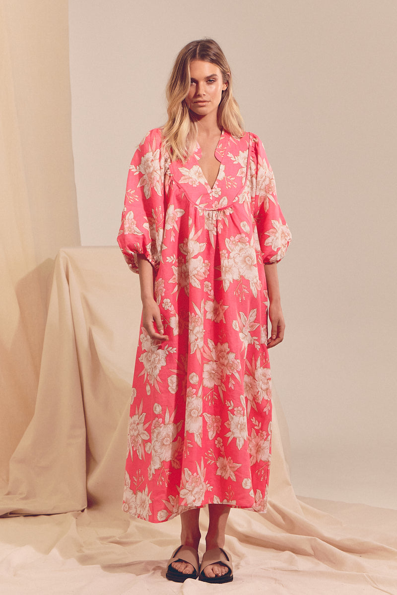 Boheme Linen Midi Dress - HAWAII ROSE