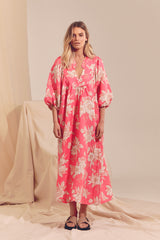 Boheme Linen Midi Dress - HAWAII ROSE