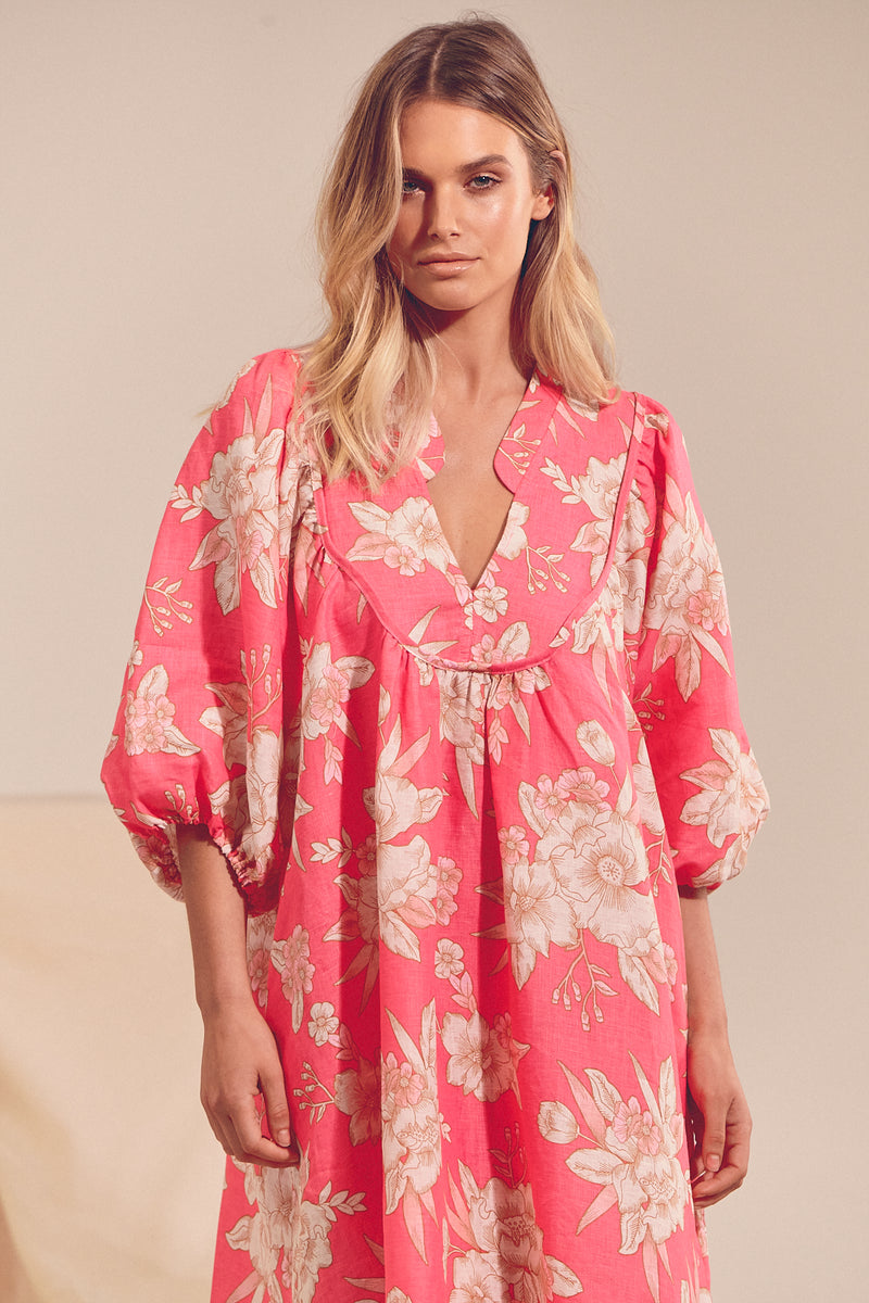 Boheme Linen Midi Dress - HAWAII ROSE