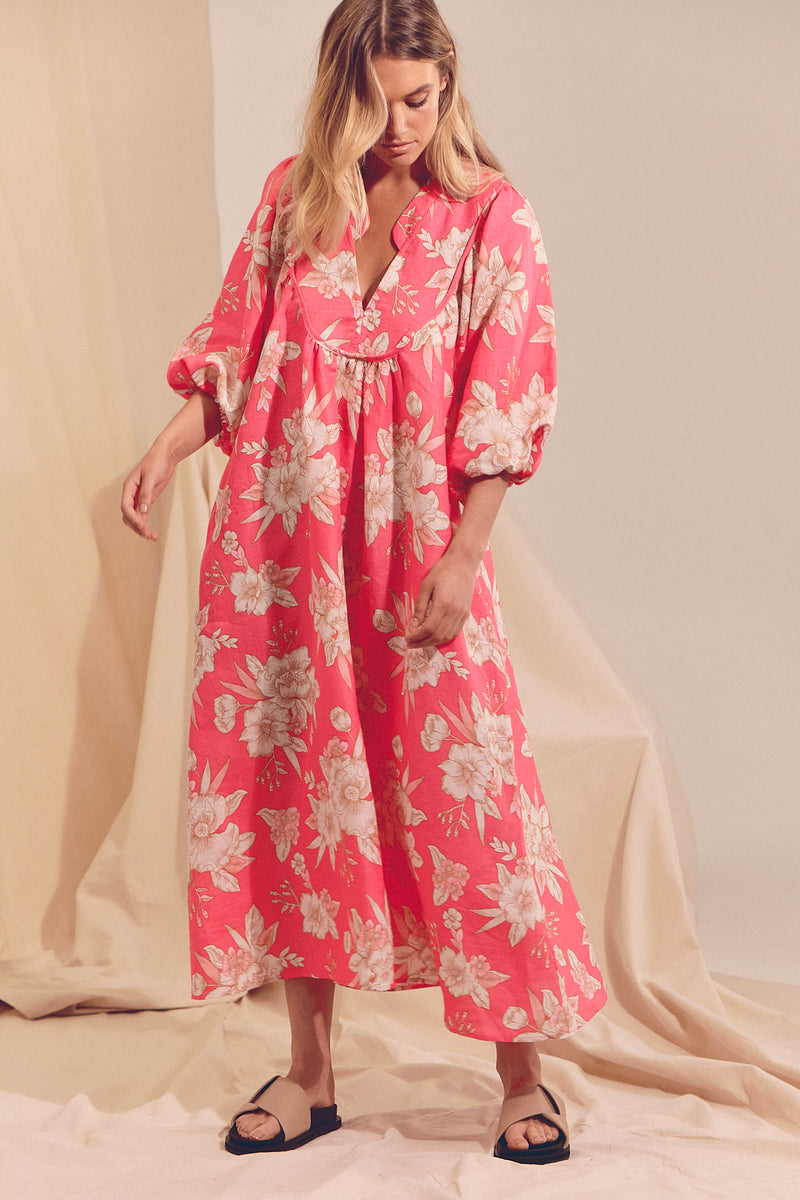 Boheme Linen Midi Dress - HAWAII ROSE