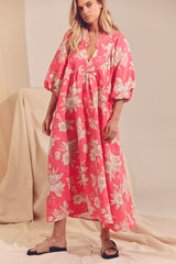 Boheme Linen Midi Dress - HAWAII ROSE