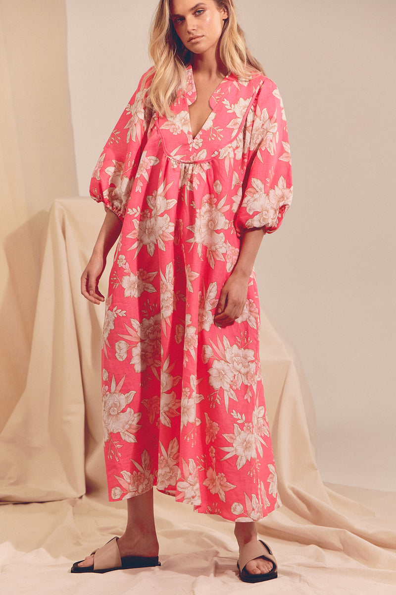 Boheme Linen Midi Dress - HAWAII ROSE
