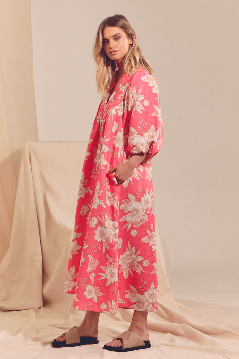 Boheme Linen Midi Dress - HAWAII ROSE