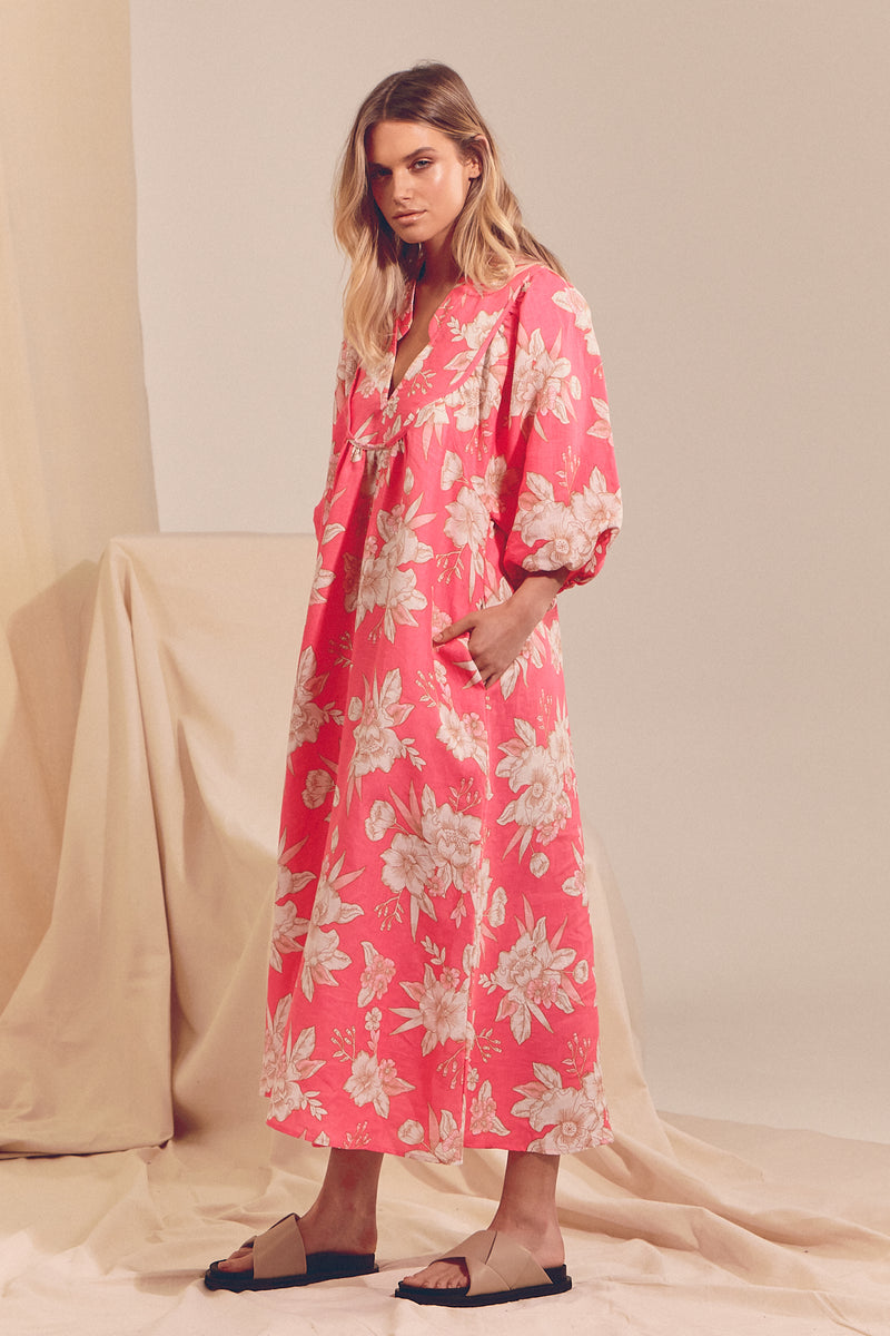 Boheme Linen Midi Dress - HAWAII ROSE
