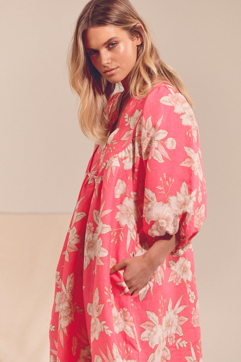 Boheme Linen Midi Dress - HAWAII ROSE