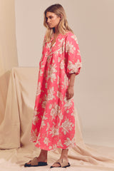 Boheme Linen Midi Dress - HAWAII ROSE