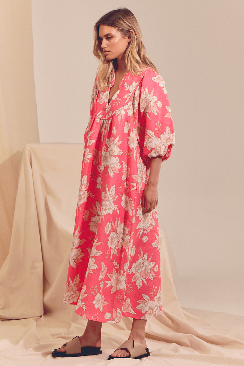 Boheme Linen Midi Dress - HAWAII ROSE