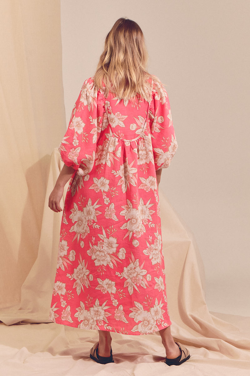 Boheme Linen Midi Dress - HAWAII ROSE