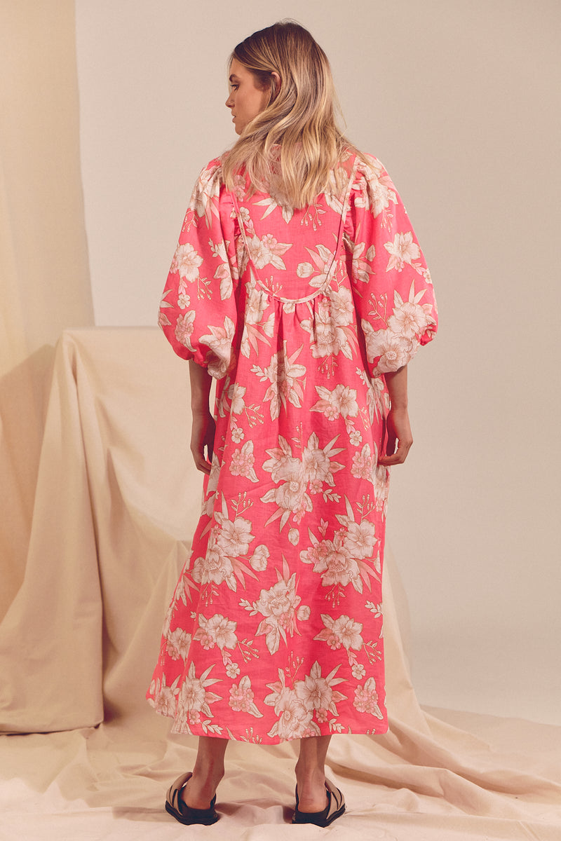 Boheme Linen Midi Dress - HAWAII ROSE