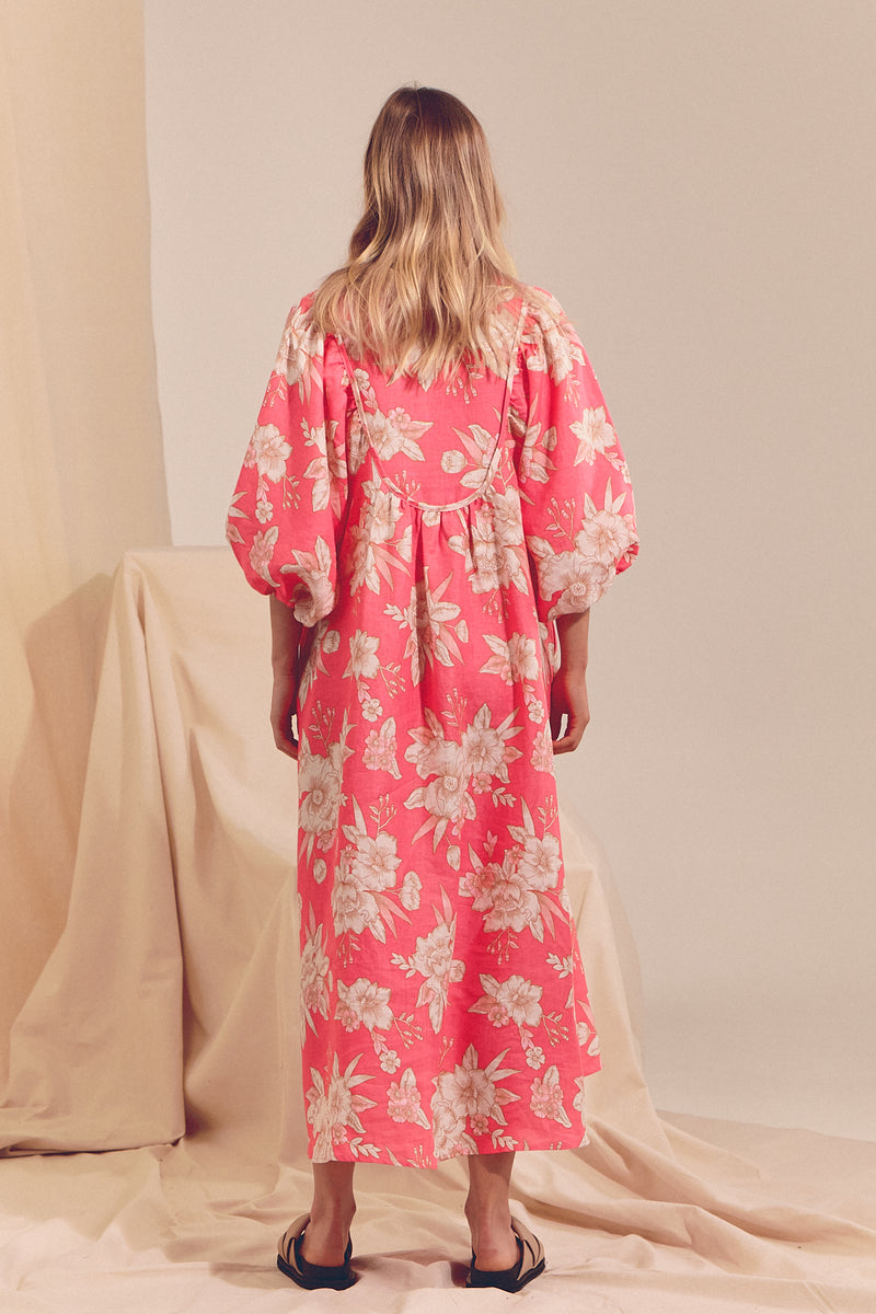 Boheme Linen Midi Dress - HAWAII ROSE