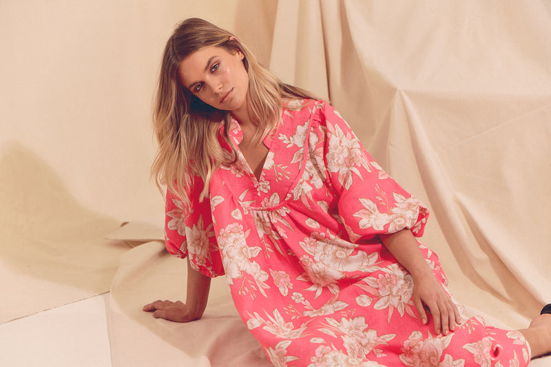 Boheme Linen Midi Dress - HAWAII ROSE