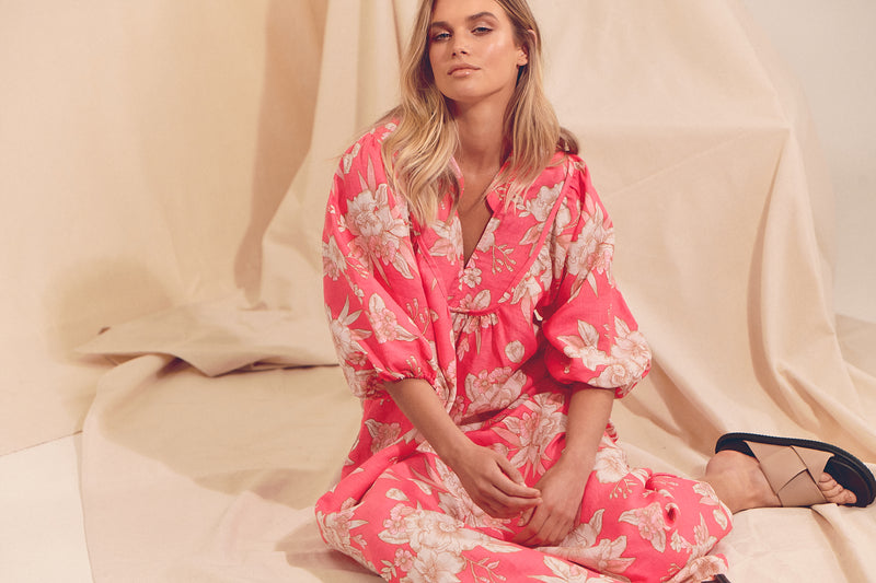 Boheme Linen Midi Dress - HAWAII ROSE