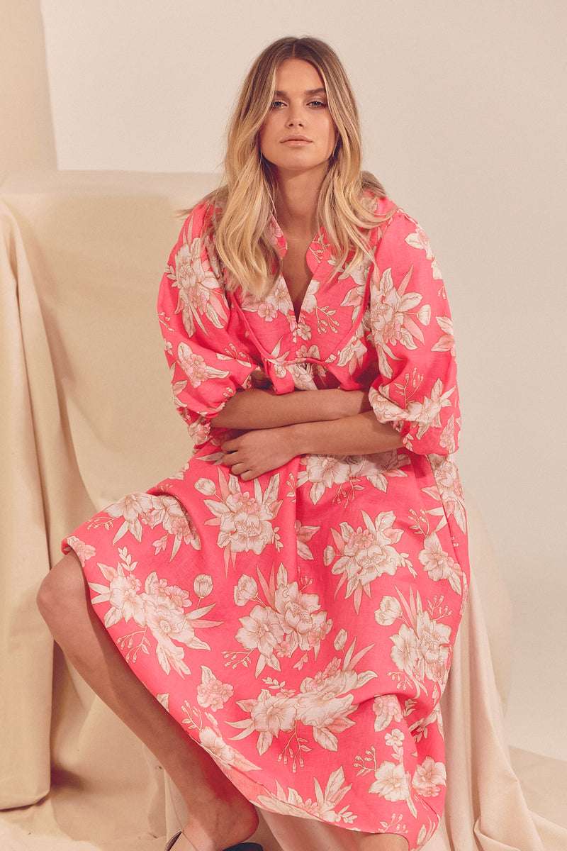 Boheme Linen Midi Dress - HAWAII ROSE