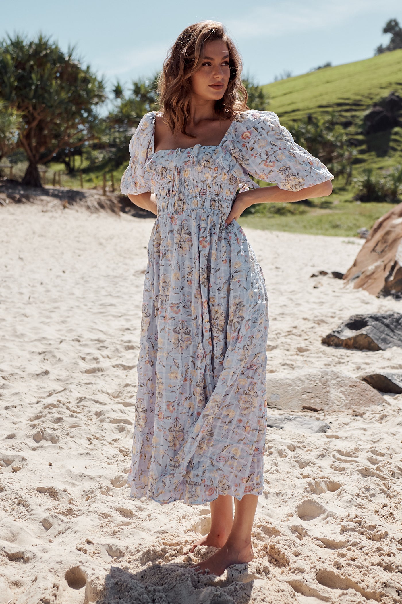 ruffle sleeve midi dress in oasis palms Oasis Printed Midi Dress ~ Free People – Arizonia Rose