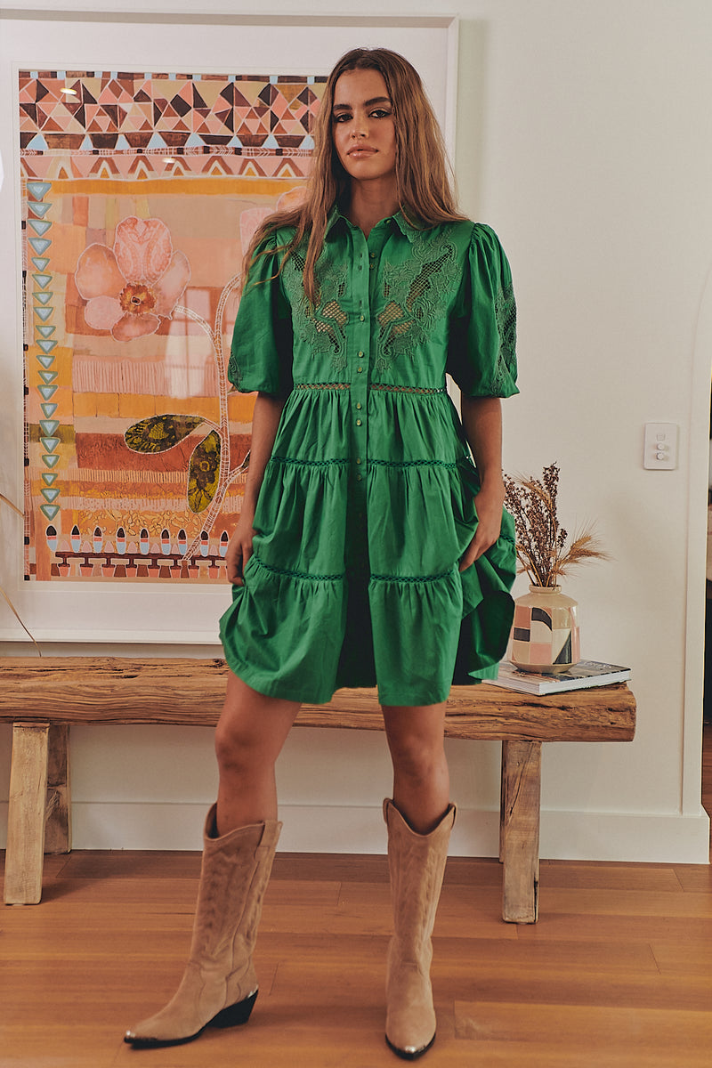 FLORA EMBROIDERY MINI DRESS- Jade ~ MOS the label