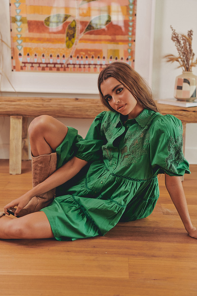 FLORA EMBROIDERY MINI DRESS- Jade ~ MOS the label