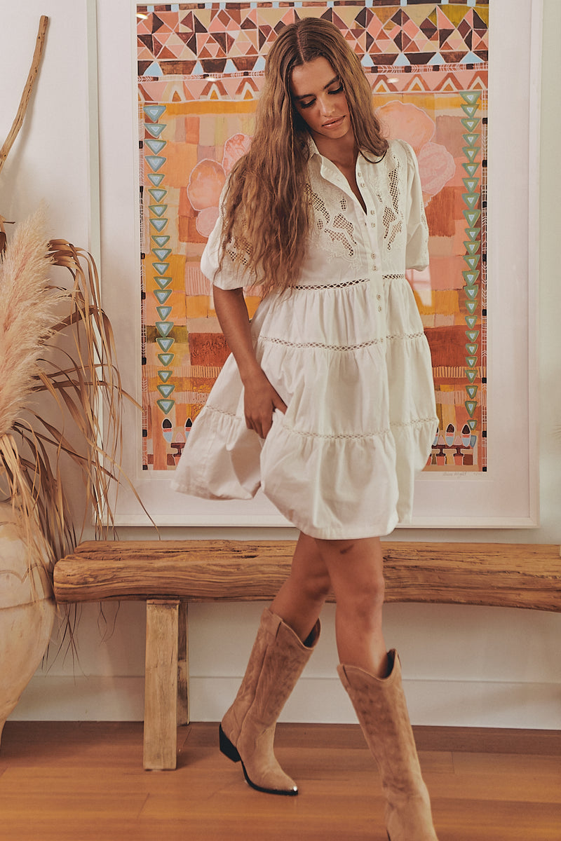 FLORA EMBROIDERY MINI DRESS- Ivory ~ MOS the label