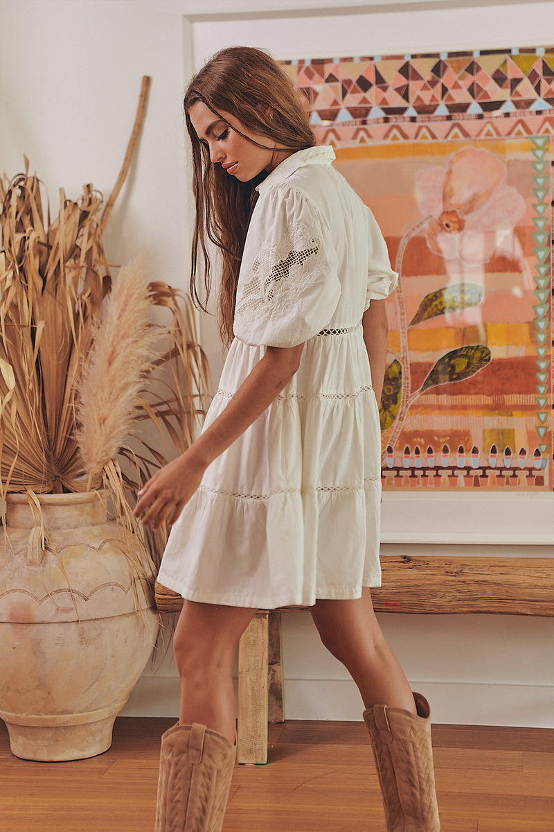 FLORA EMBROIDERY MINI DRESS- Ivory ~ MOS the label