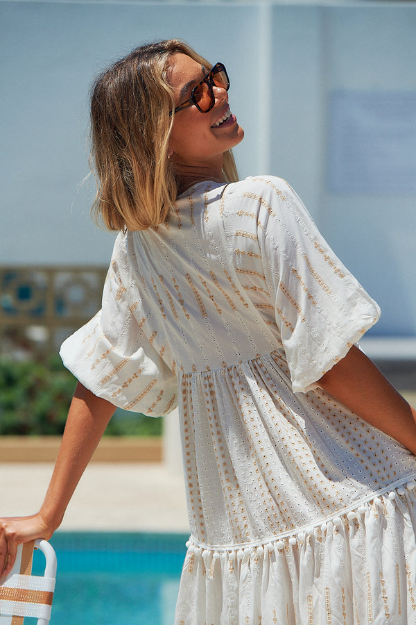 Palace Midi Dress - White Embroidered