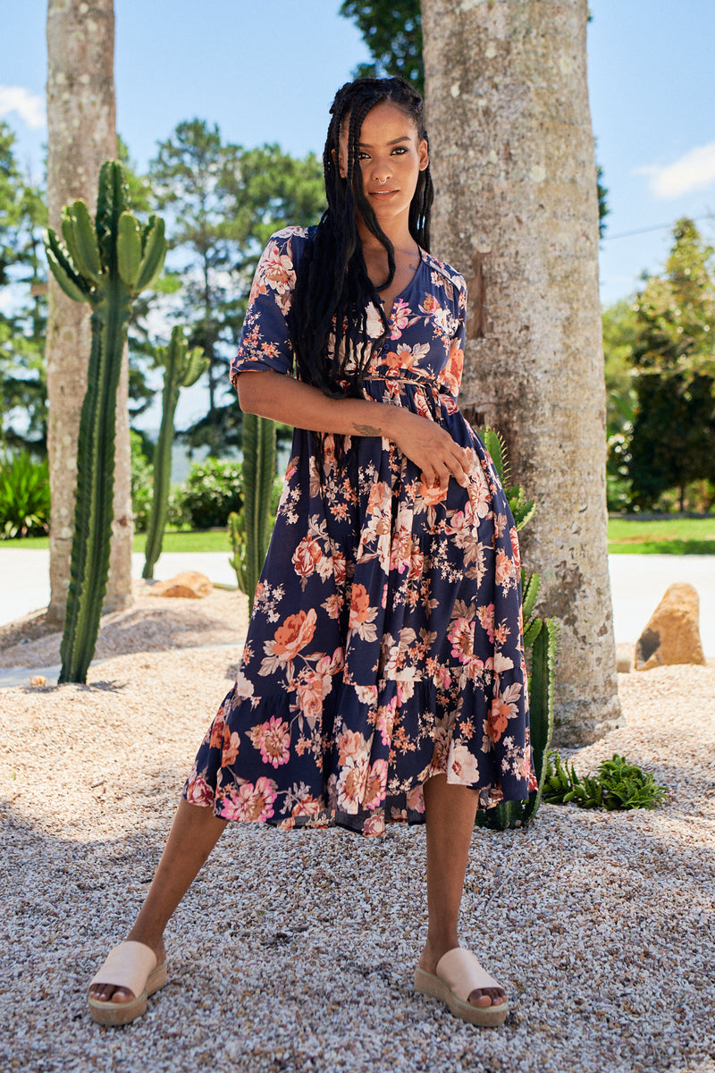 Eve Midi Dress - Winter Rose Navy