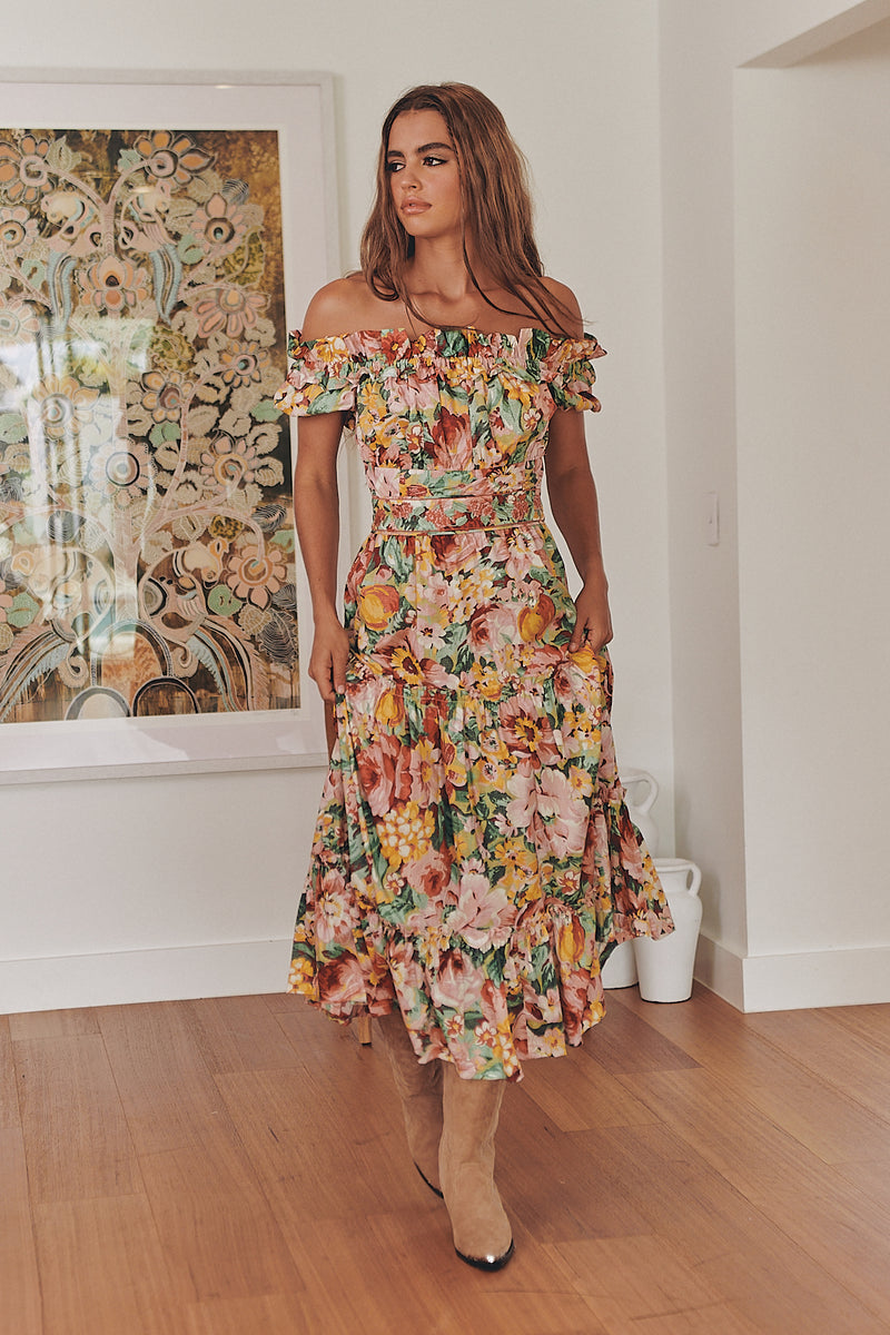 INTO THE GARDEN OFF THE SHOULDER MIDI DRESS ~ Ministry of Style