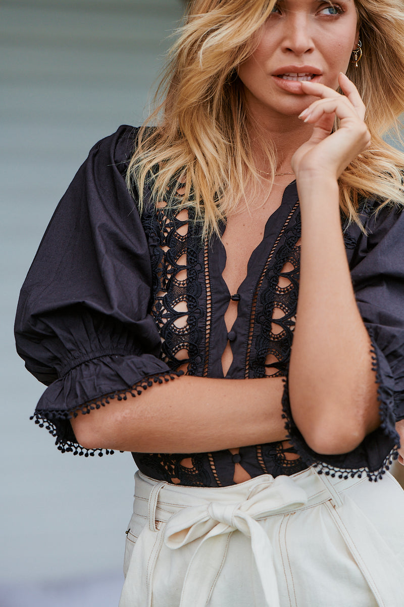 Louella Embroidered Top - Black ~ Free People