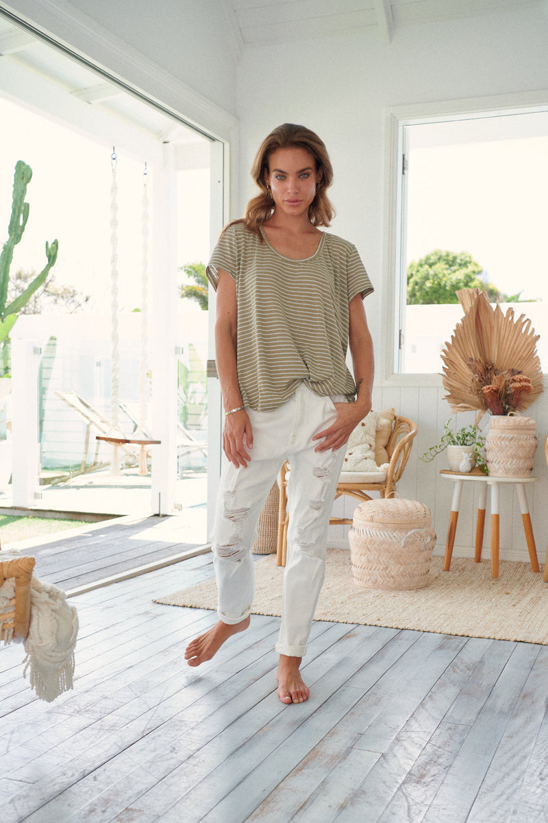 Oolong Tee - Khaki & White Stripe