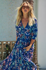 Berry Maxi Dress - Indigo Floral