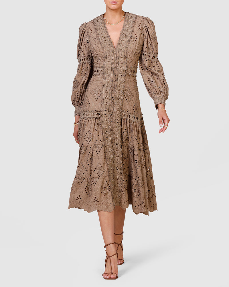 Nouveau Embroidery Midi Dress - Olive